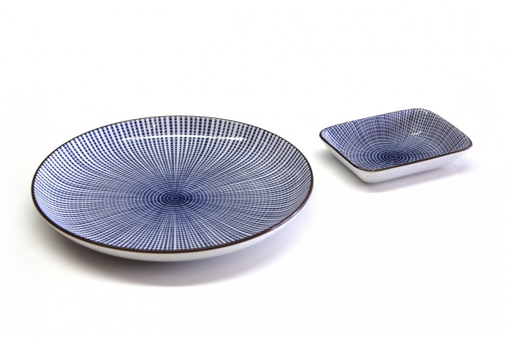Sushi-Teller-Set weiß mit bleuen Streifen