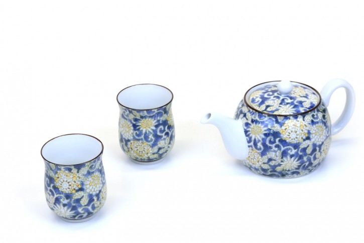 Japanisches Tee-Set Blumenmotiv blau gelb, 3 teilig