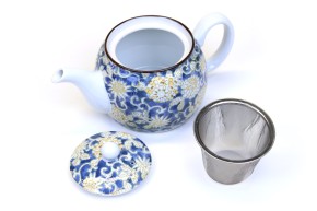 Japanisches Tee-Set Blumenmotiv blau gelb, 3 teilig