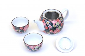 Japanisches Tee-Set Blumenmotiv schwarz, 3 teilig