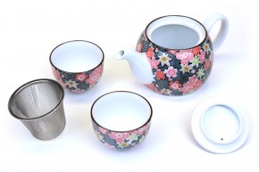 Japanisches Tee-Set Blumenmotiv schwarz, 3 teilig